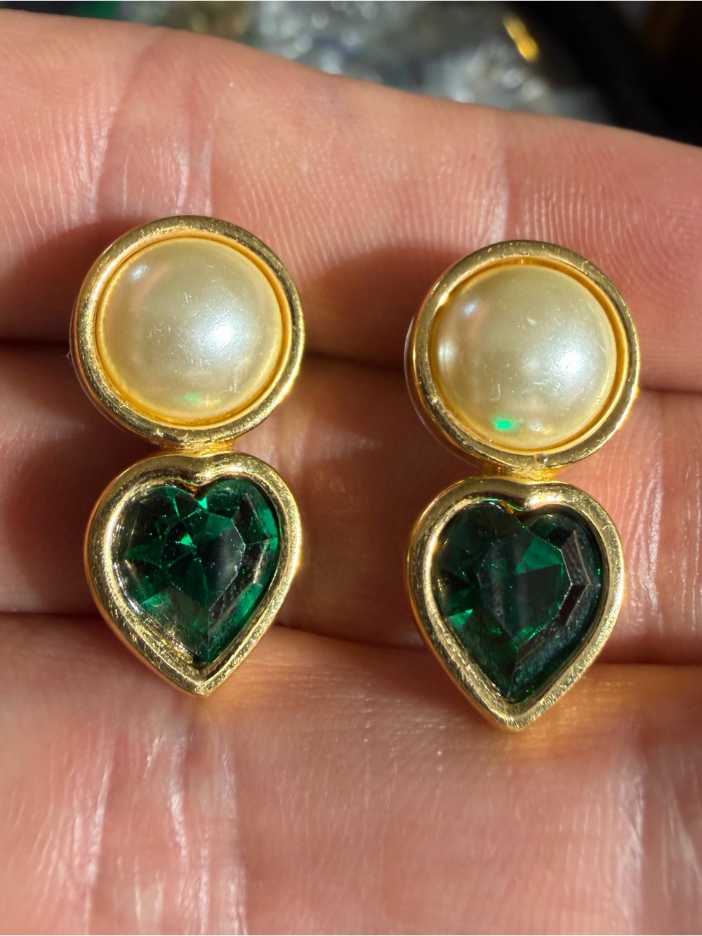 Vintage S.A.L “ Swarovski” Gold-Tone Faux Pearl Emerald Heart pierced Earrings